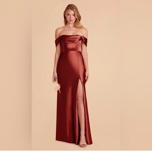 Birdy Grey “Mia Shiny” off-shoulder satin gown in Spice small nwt